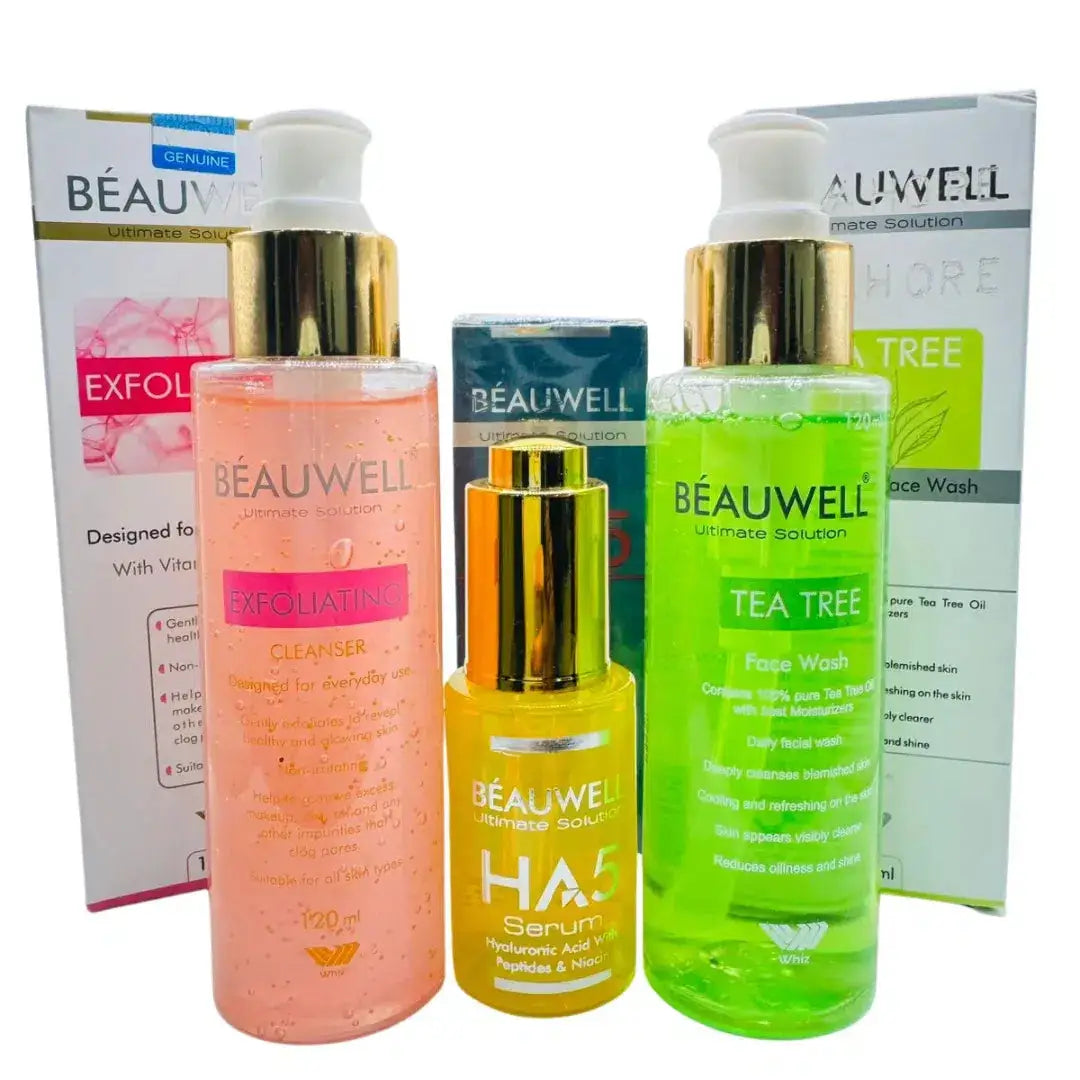 Exfoliation & Hydration Kit: BEAUWELL Cleanser, HA Serum & Tea Tree Face Wash